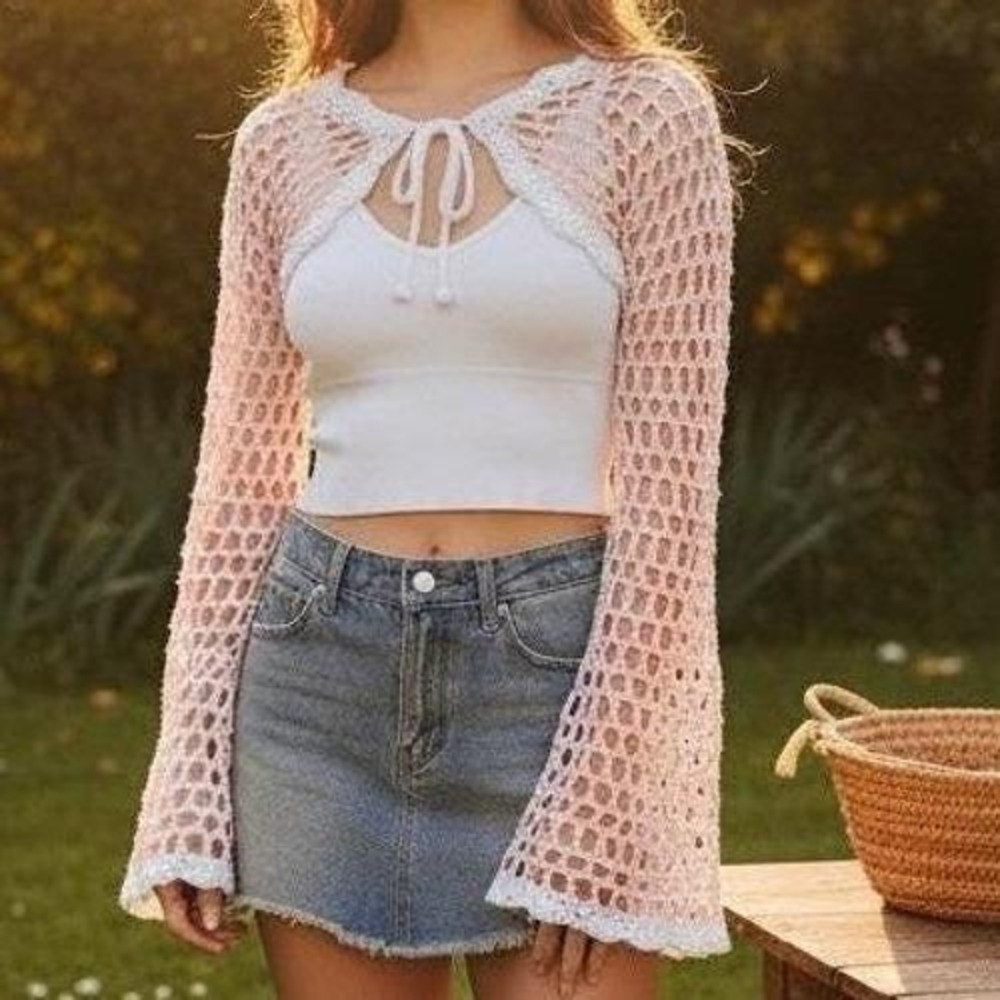 Handmade‎ Crochet Bell Sleeve Front Tie Summer Cardigan, Festival Bohemian Shrug